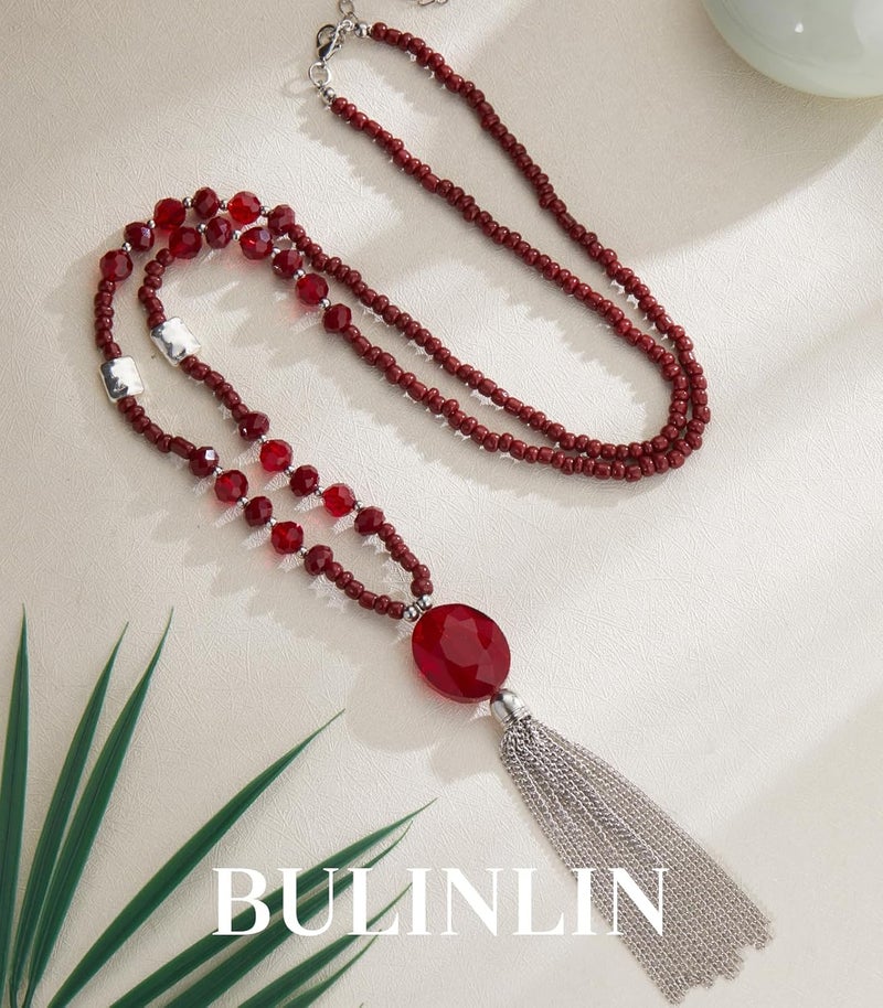 BULINLIN Boho Beaded Long Necklaces for Women Chunky Bead Pendant Necklace with Crystal Tassel Costume Jewelry Gifts for Her - Image 2